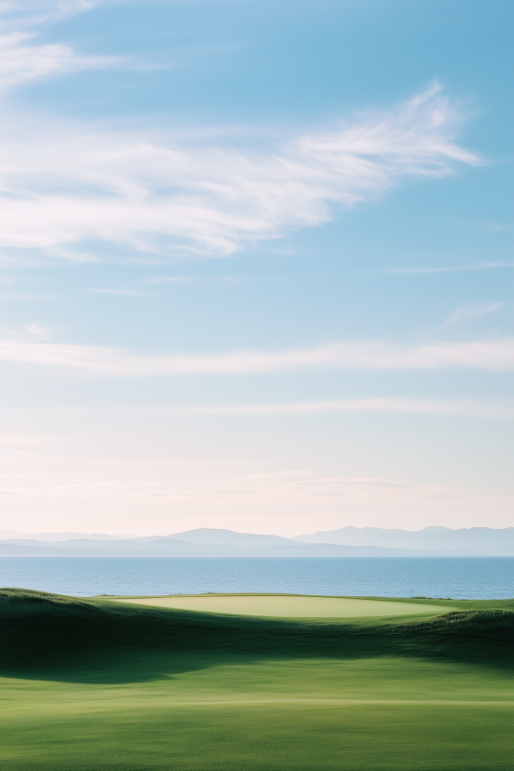 Green fields sloping toward a calm blue sea under a bright sky
